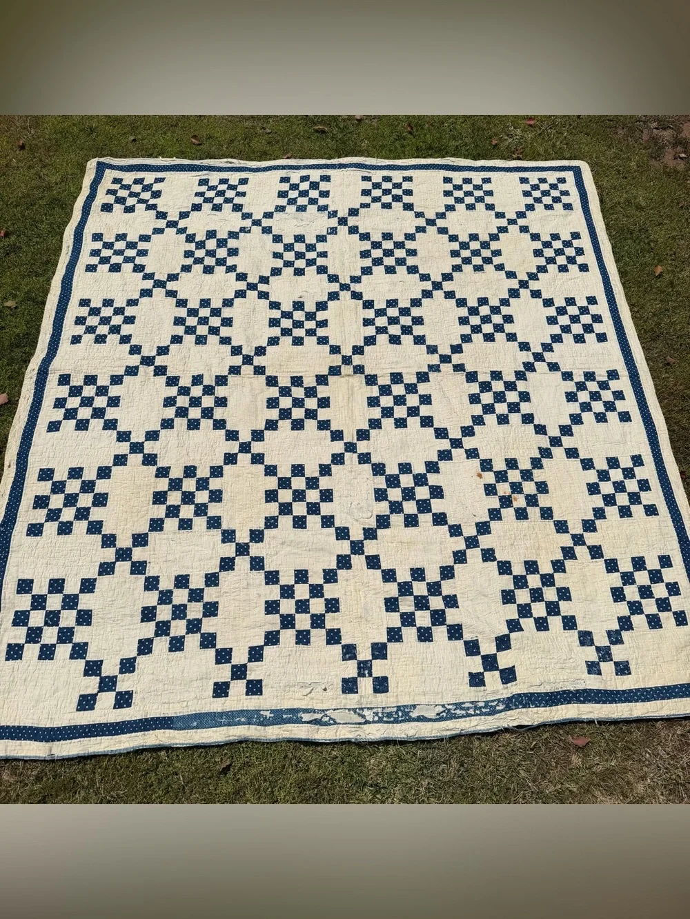 VTG Irish Chain Quilt Blue White Stars Soft Gauzy Cotton 1940s Cutter 70x75